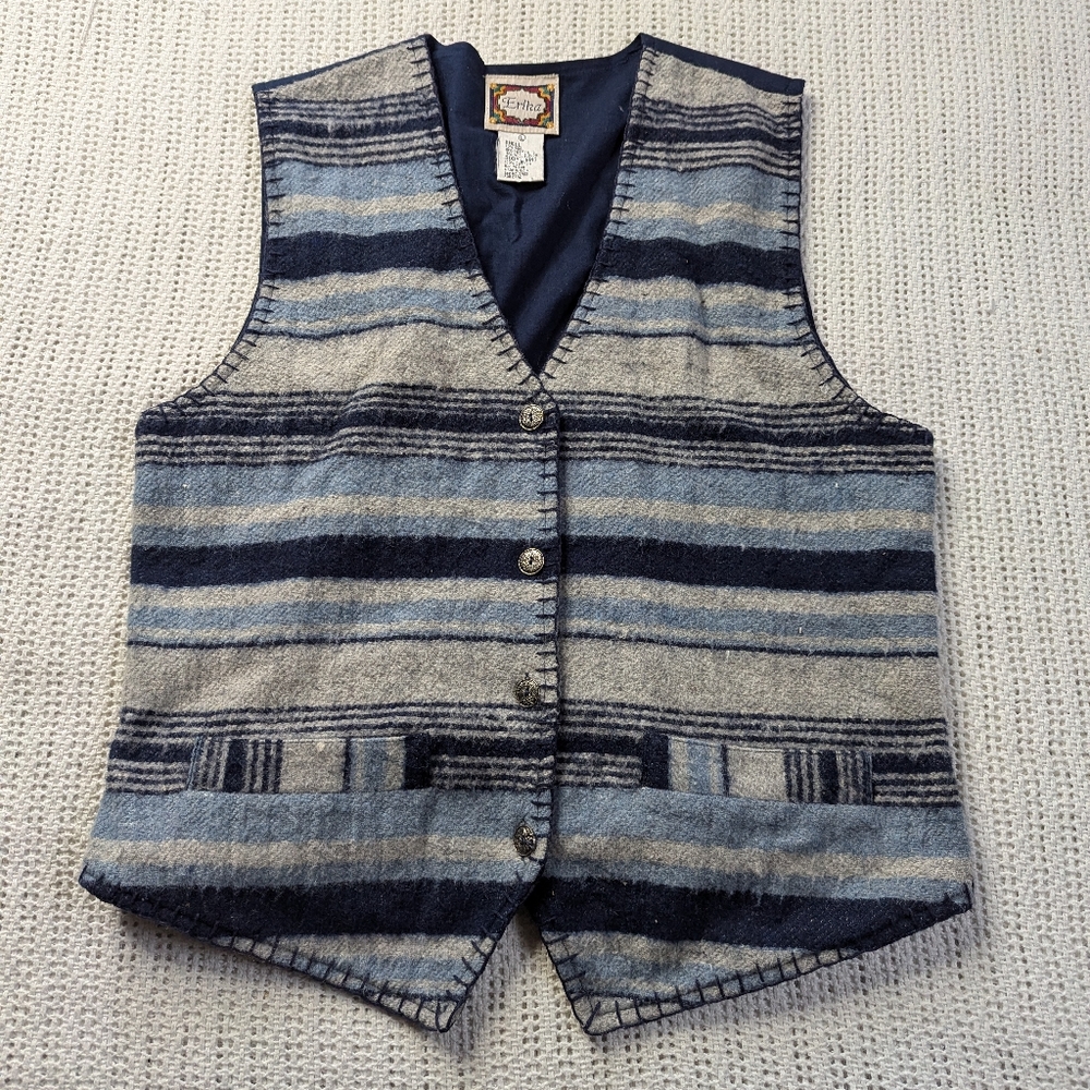 VTG Wool Vest Blue Gray Striped Vest Women's Size Large Vest Silver Button Up